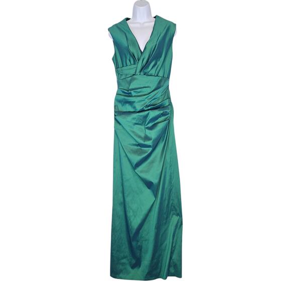 Talbot Runhoff Long Gown Sleeveless Faux Wrap Top Ruched Front Green Shimmer 12 - Picture 1 of 12